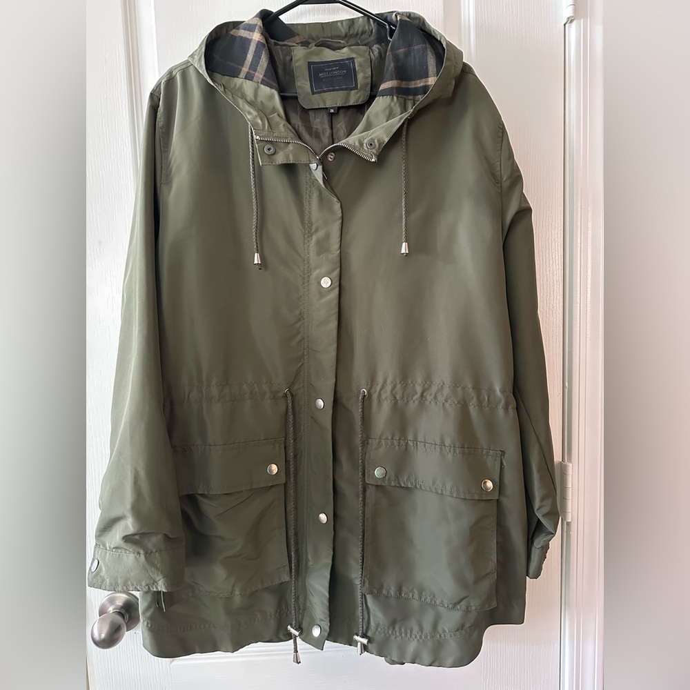 Plus Size Olive Green and Plaid Women's Hooded Jacket